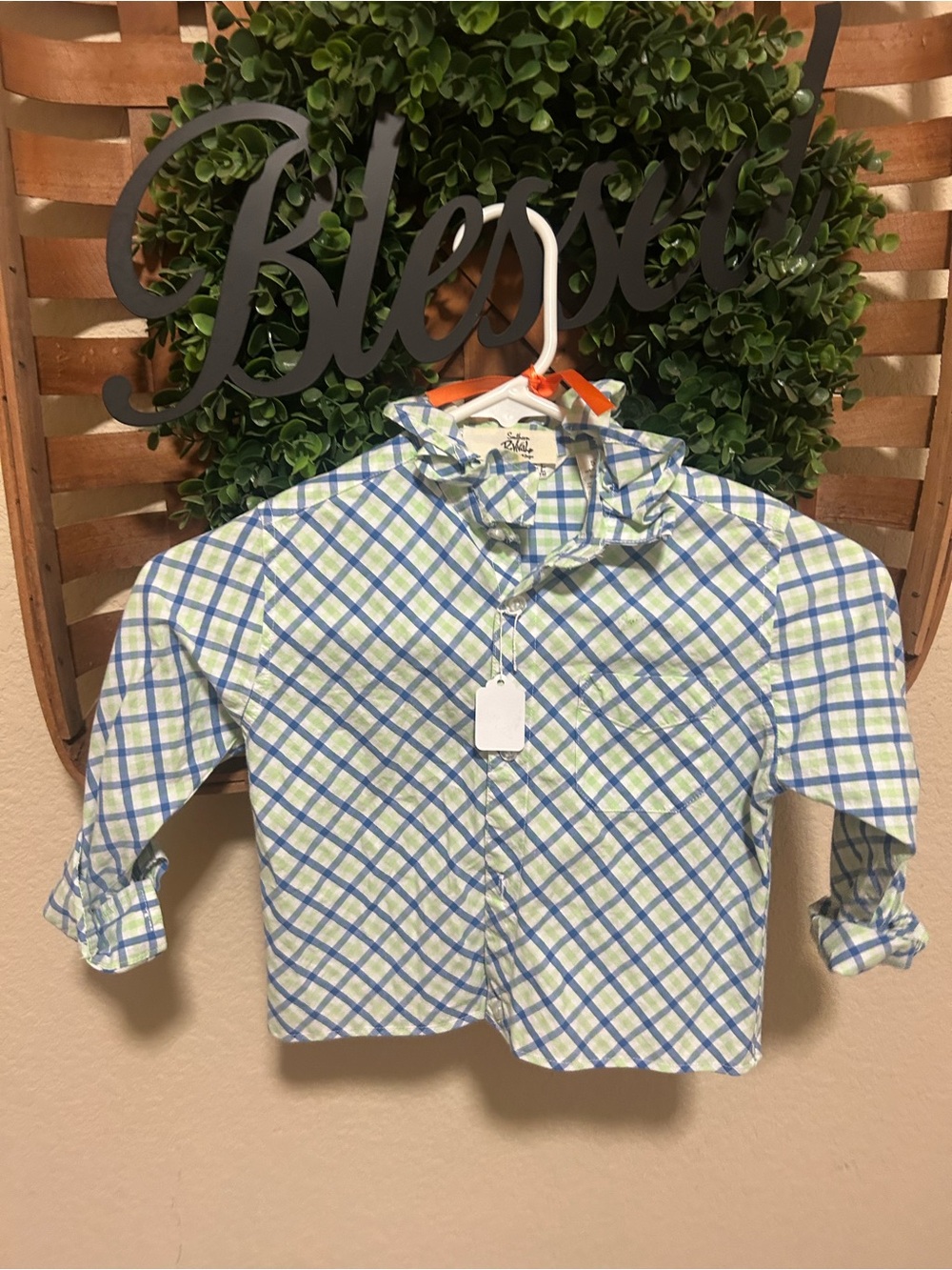 Green & Blue Plaid Ruffle Collar Girls Shirt